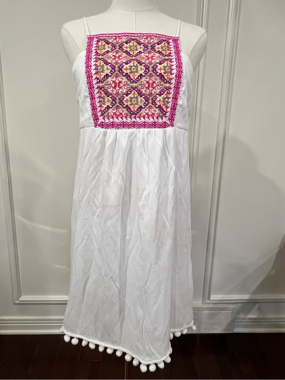 White Pom Pom Hem Sundress Embroidered Bib Boho Beach Vacation Miami Sz S